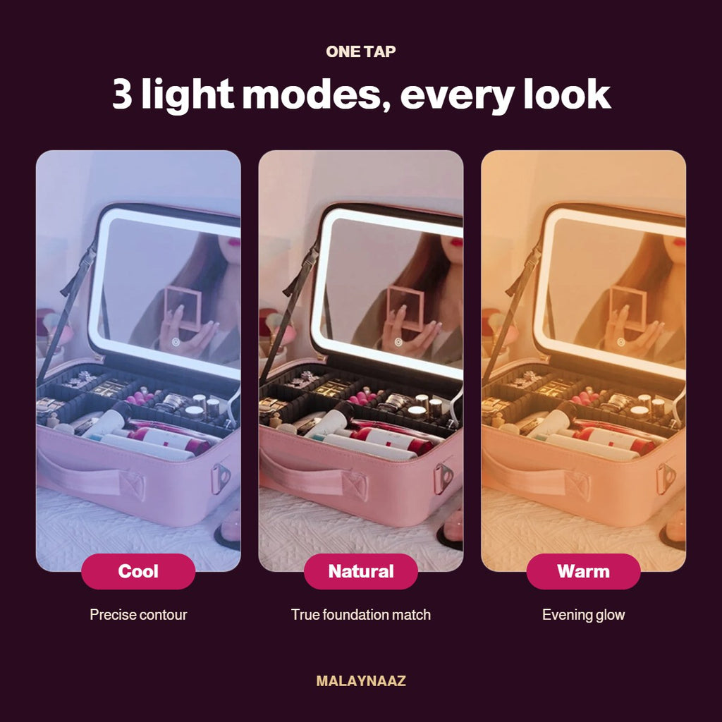 Glam Case LED mirror 3 light modes: cool, natural and warm