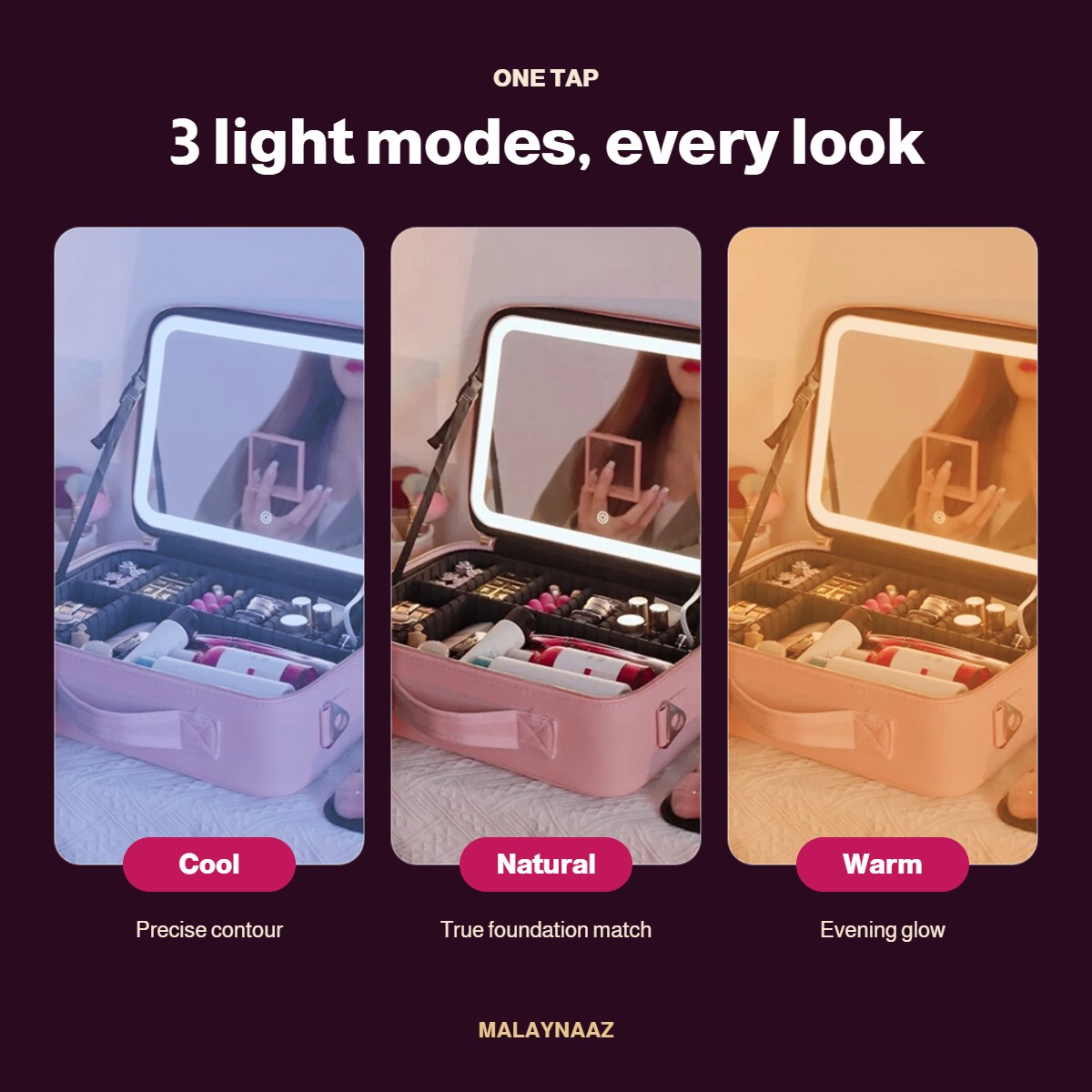 Glam Case LED mirror 3 light modes: cool, natural and warm