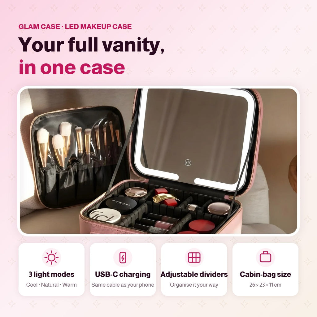 Malaynaaz Glam Case pink LED makeup case: 3 light modes, USB-C charging, adjustable dividers, cabin-bag size